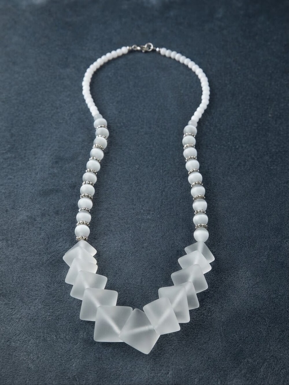 White Cat Eye Geometric Statement Necklace - Frosted Square Beaded Chic CC